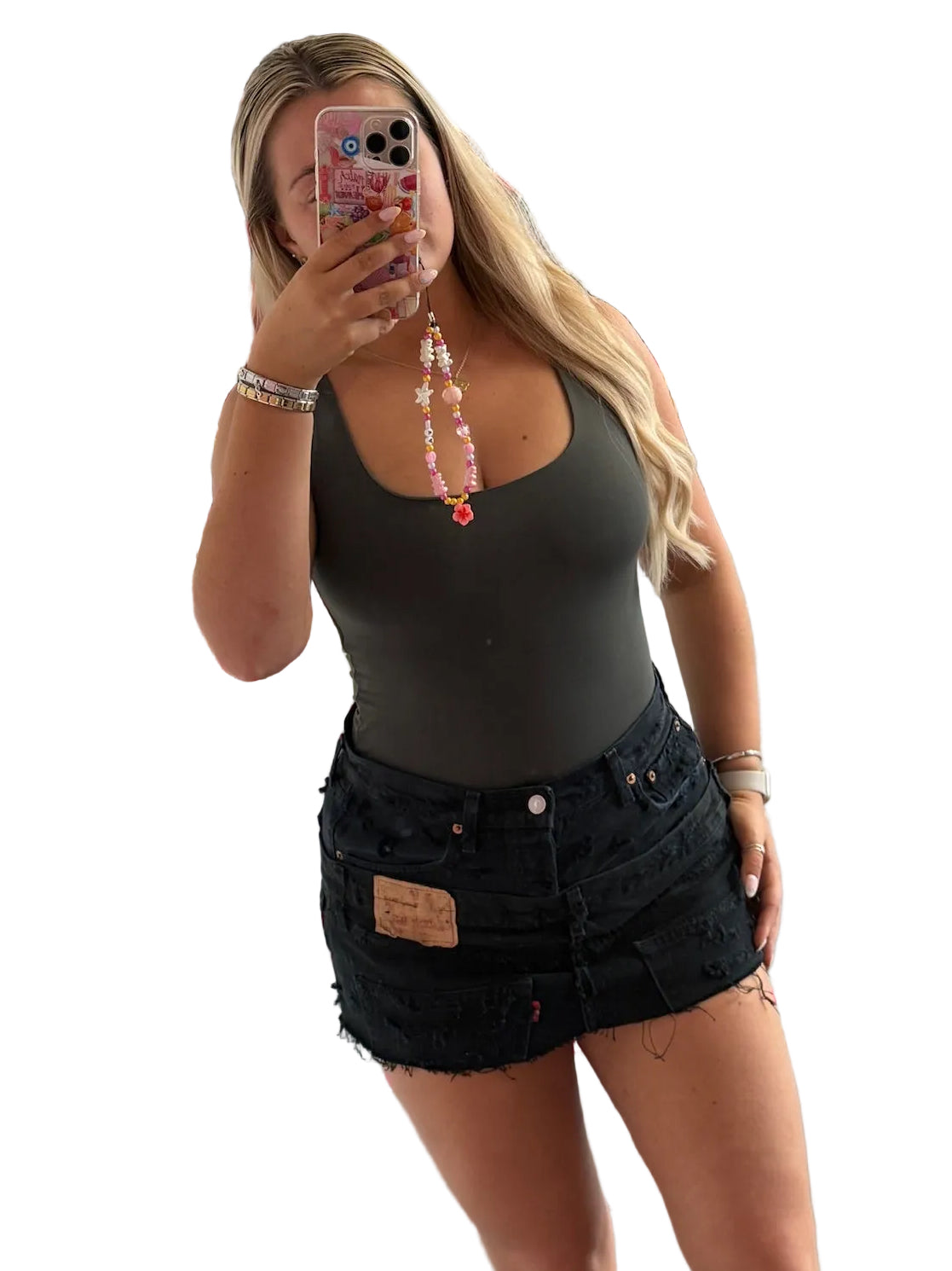 Double Black Distressed Denim Skirt