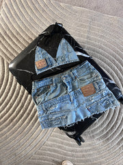 CUSTOM Distressed Double Denim Skirt and Top