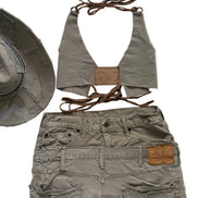Double Beige Distressed Denim Set- Halter top and Skirt