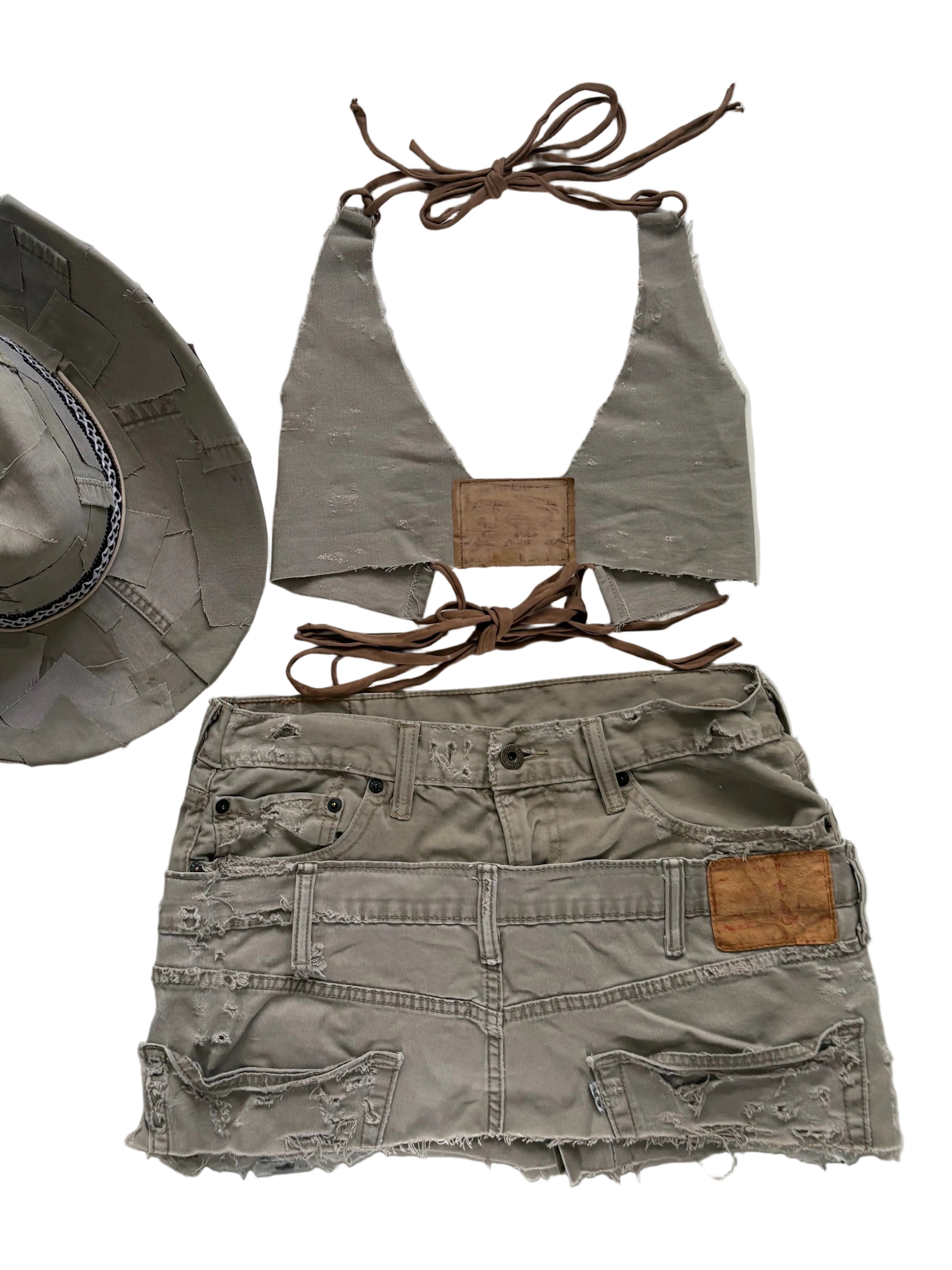 Double Beige Distressed Denim Set- Halter top and Skirt