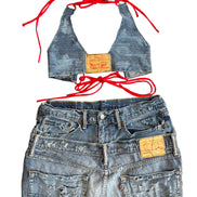 Double Blue Distressed Denim Set- Halter top and Skirt