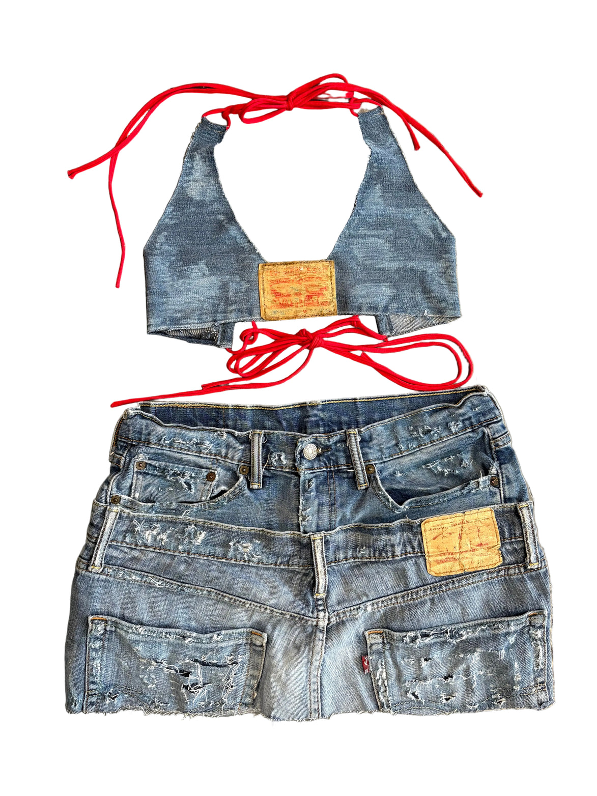 Double Blue Distressed Denim Set- Halter top and Skirt