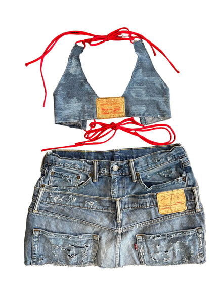 Double Blue Distressed Denim Set- Halter top and Skirt