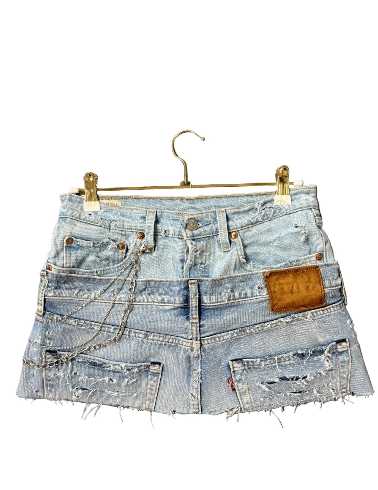 Chain Blue Distressed Double Denim Skirt