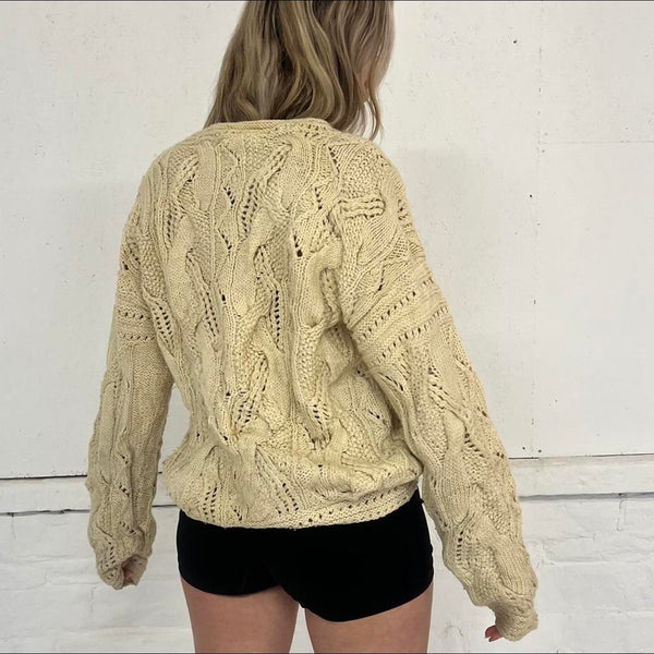 Vintage Chunky Cream Cable Knit Jumper - L