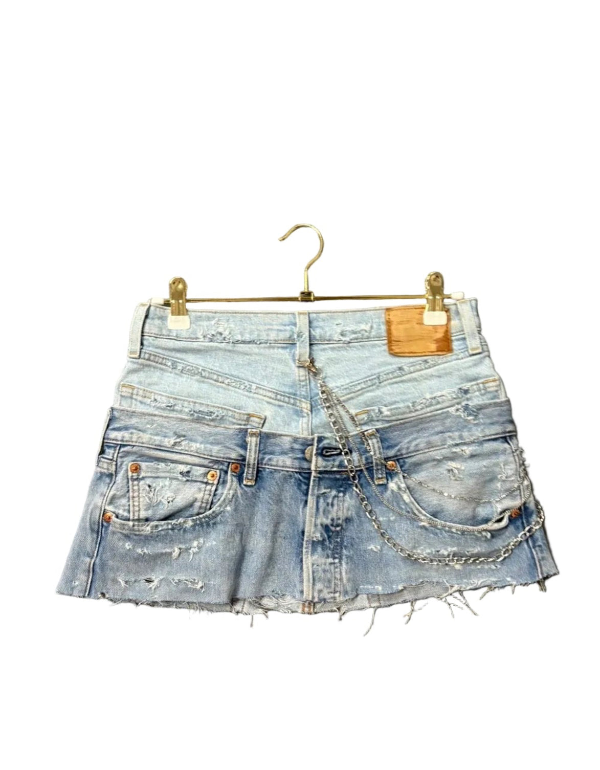 Chain Blue Distressed Double Denim Skirt