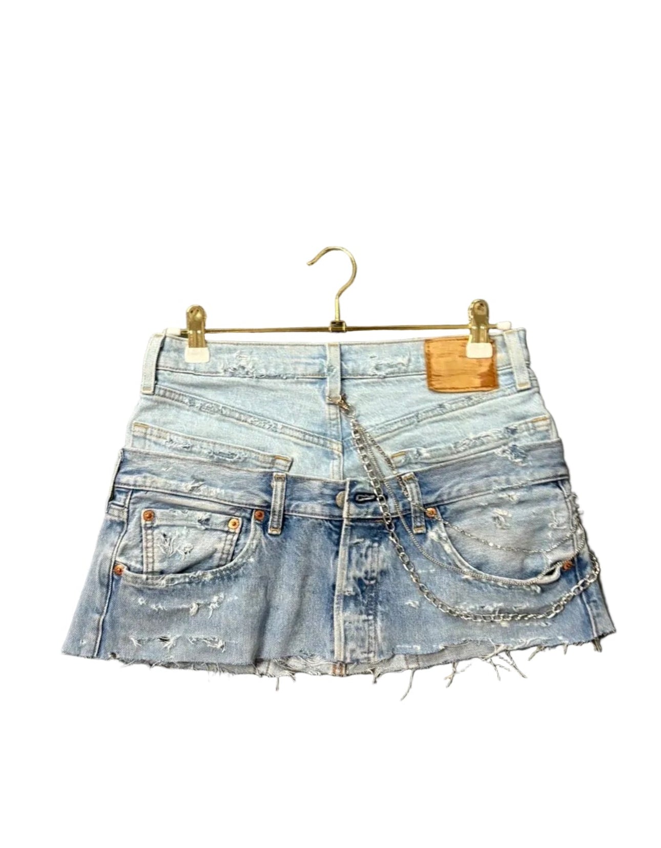 Chain Blue Distressed Double Denim Skirt