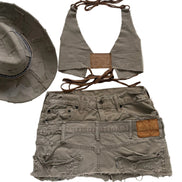 Double Beige Distressed Denim Skirt Only