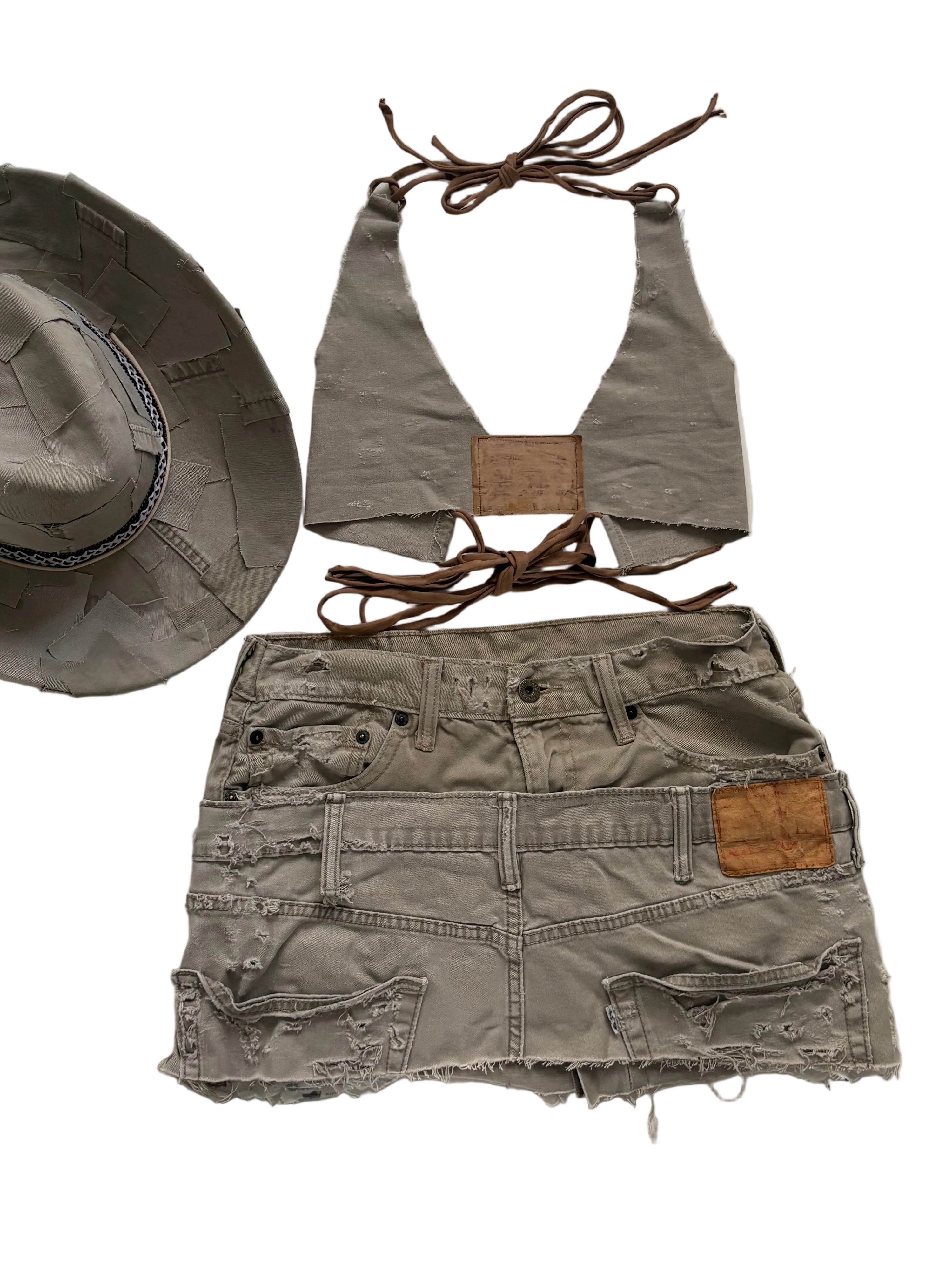 Double Beige Distressed Denim Skirt Only