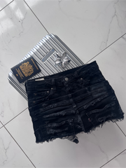 Black Distressed Double Denim Skirt