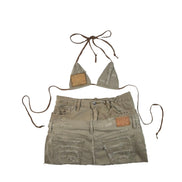 Double Beige Distressed Denim Set- Triangle Top and Skirt
