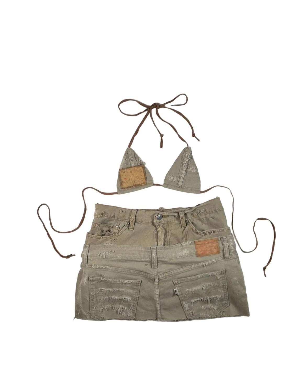 Double Beige Distressed Denim Set- Triangle Top and Skirt