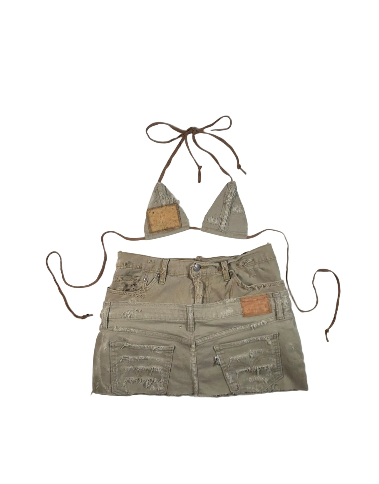 Double Beige Distressed Denim Set- Triangle Top and Skirt