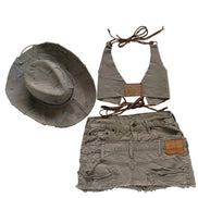 Double Beige Distressed Denim Set- Halter top and Skirt