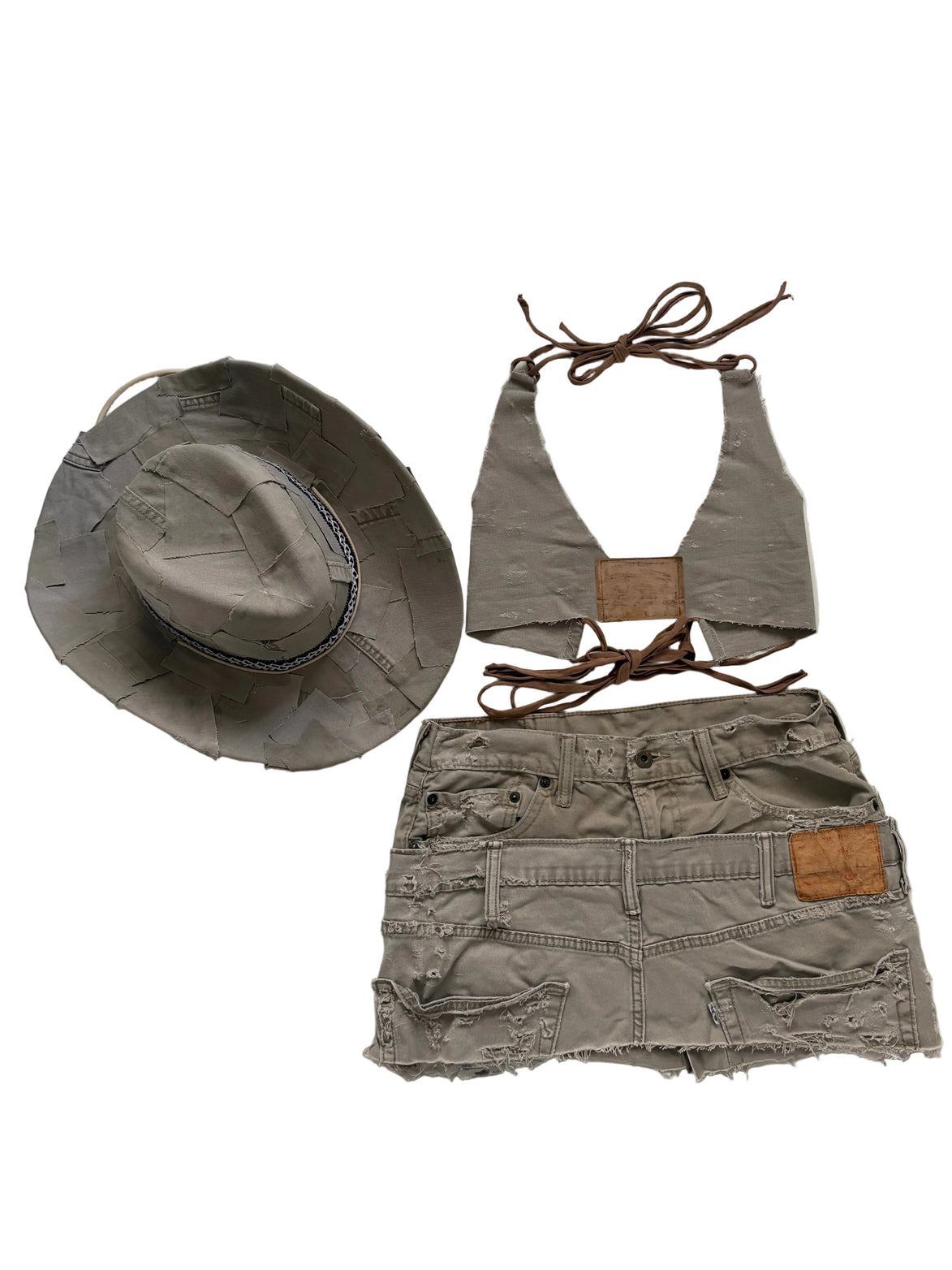 Double Beige Distressed Denim Set- Halter top and Skirt
