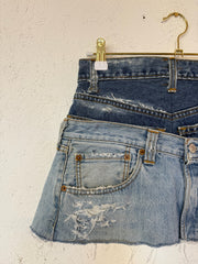 Blue Distressed Double Denim Skirt