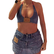 Double Blue Distressed Denim Set- Halter top and Skirt
