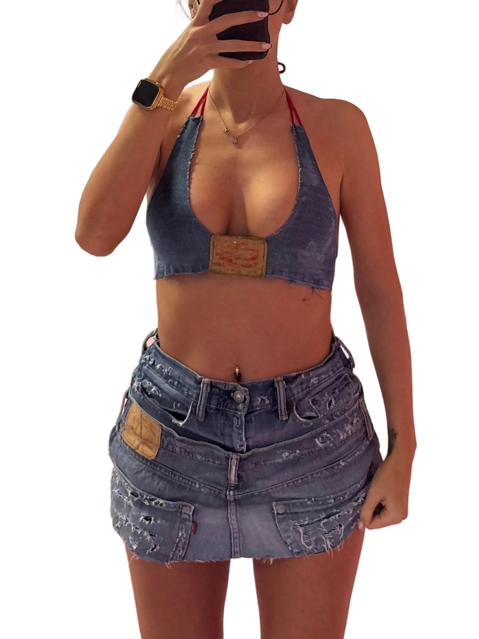 Double Blue Distressed Denim Set- Halter top and Skirt