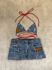 CUSTOM Distressed Double Denim Skirt and Top