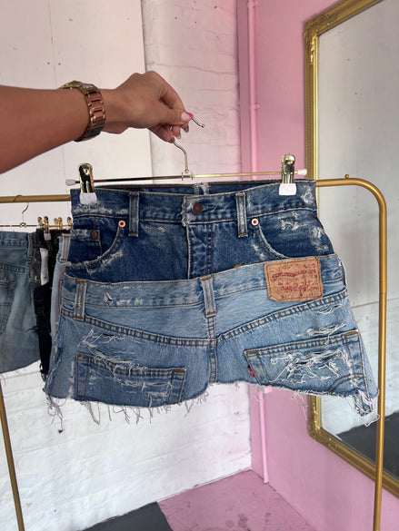 Double Blue Distressed Denim Skirt