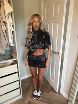 Black Distressed Double Denim Skirt