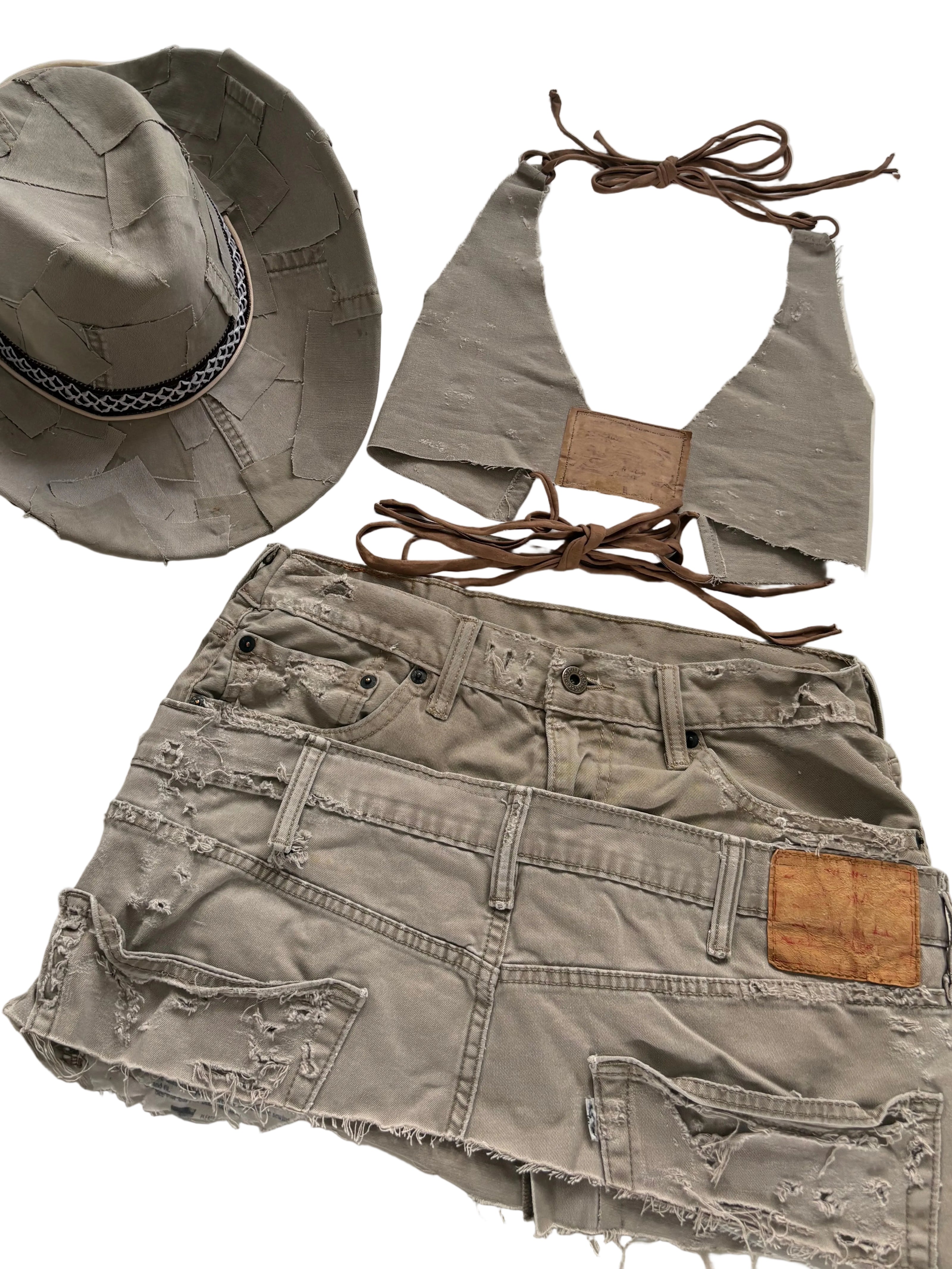 Handmade Beige Distressed Denim Cowboy Hat
