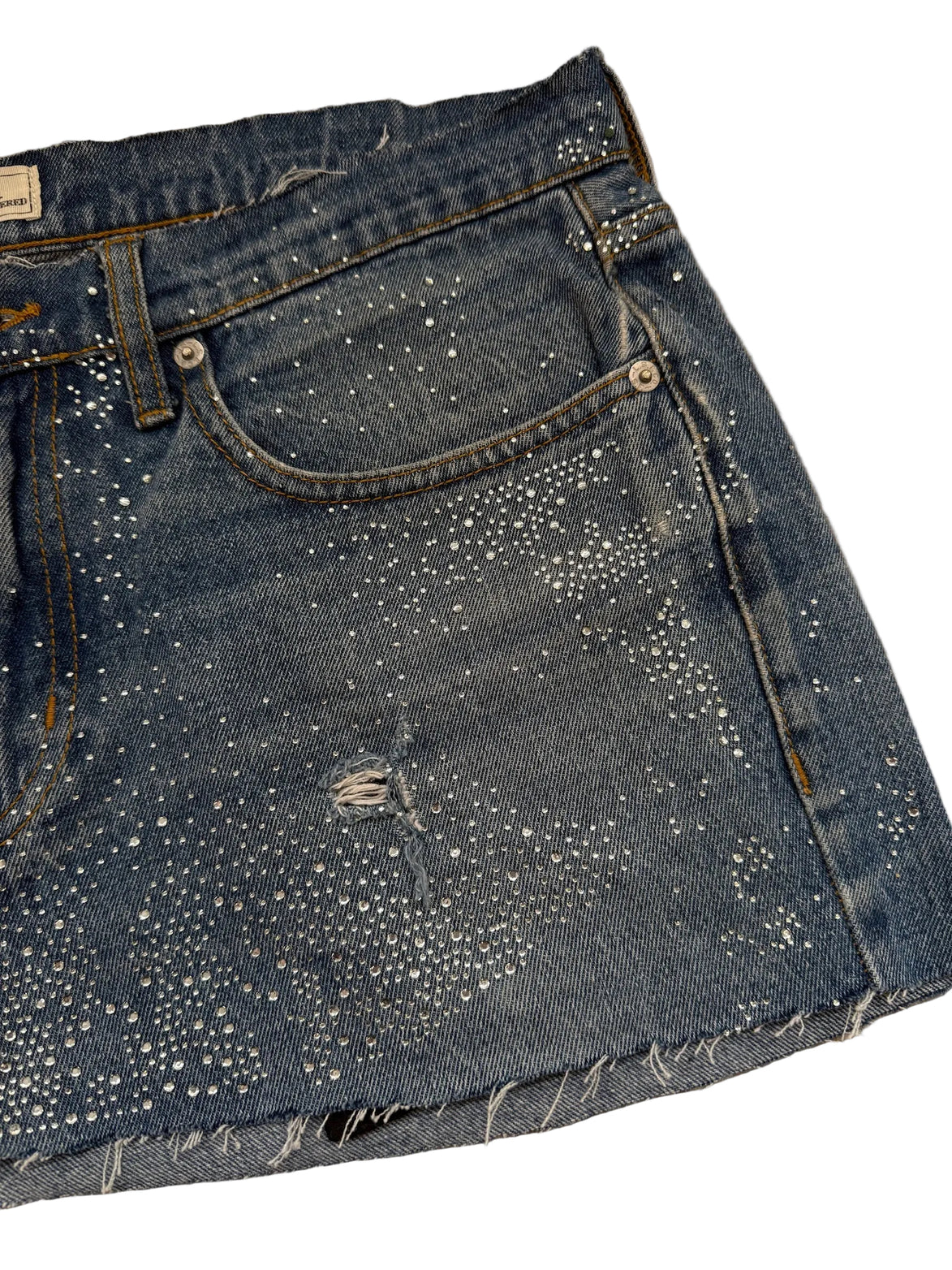 READY TO WEAR: Mid Blue Denim Skirt Silver Sparkle UK12