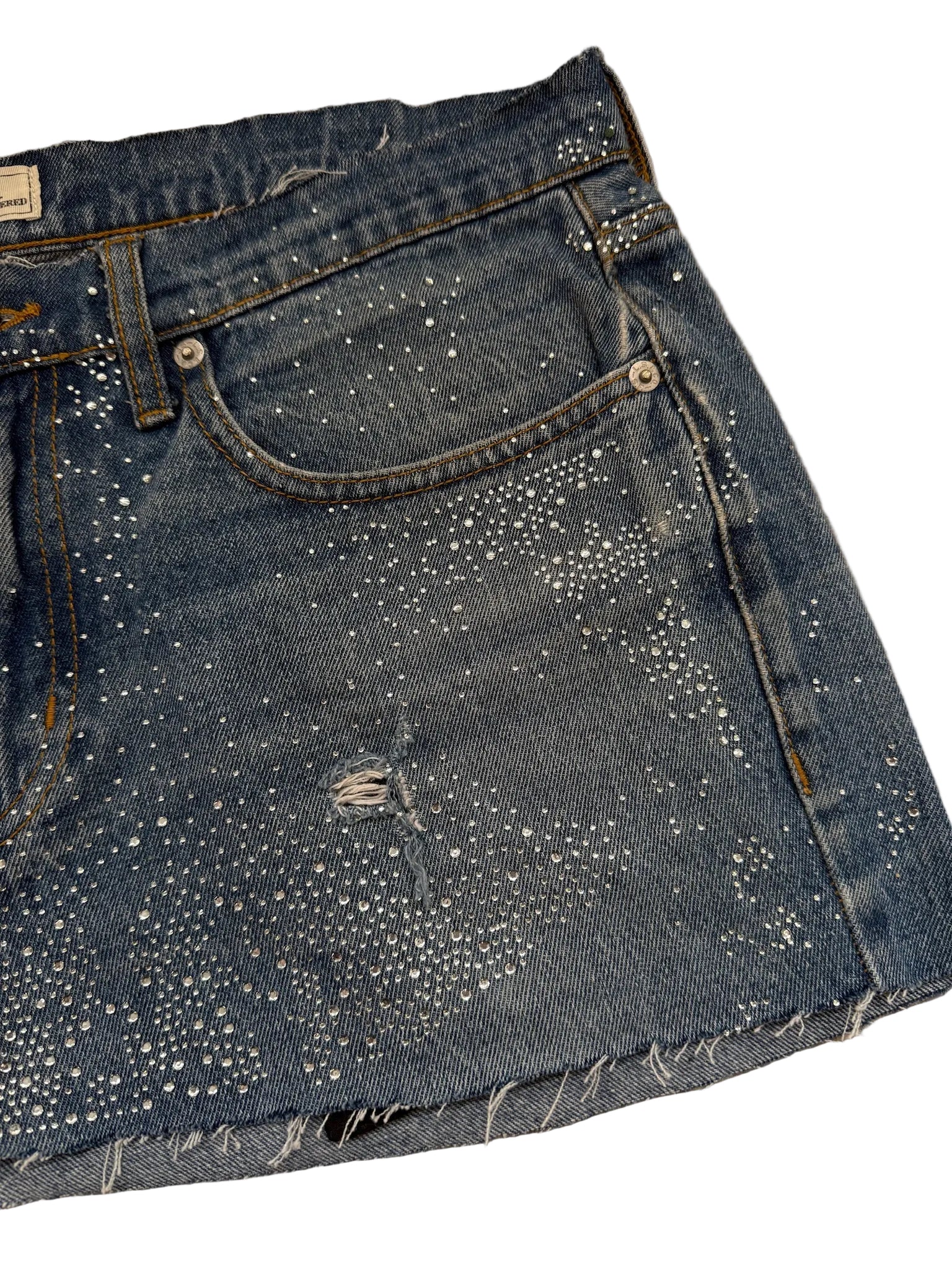 READY TO WEAR: Mid Blue Denim Skirt Silver Sparkle UK12