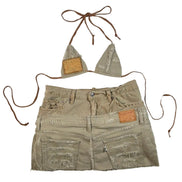 Double Beige Distressed Denim Set- Triangle Top and Skirt