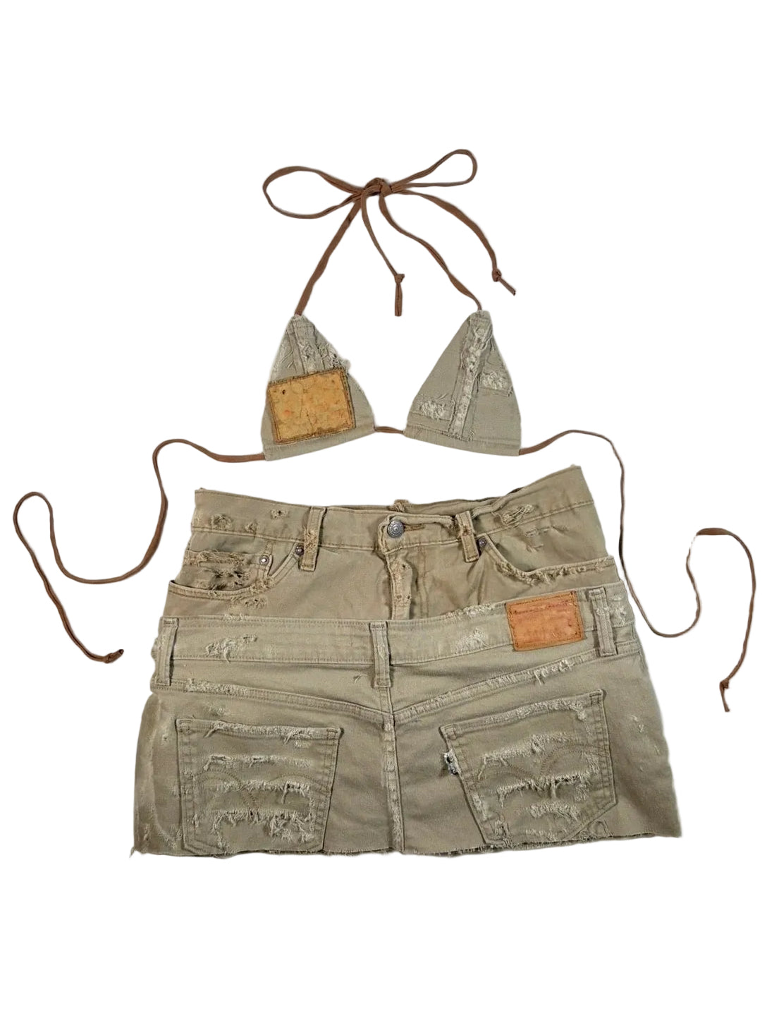 Double Beige Distressed Denim Set- Triangle Top and Skirt