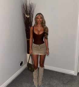 Beige Distressed Denim Skirt Bronze Sparkle