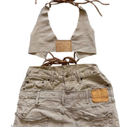 Double Beige Distressed Denim Set- Halter top and Skirt