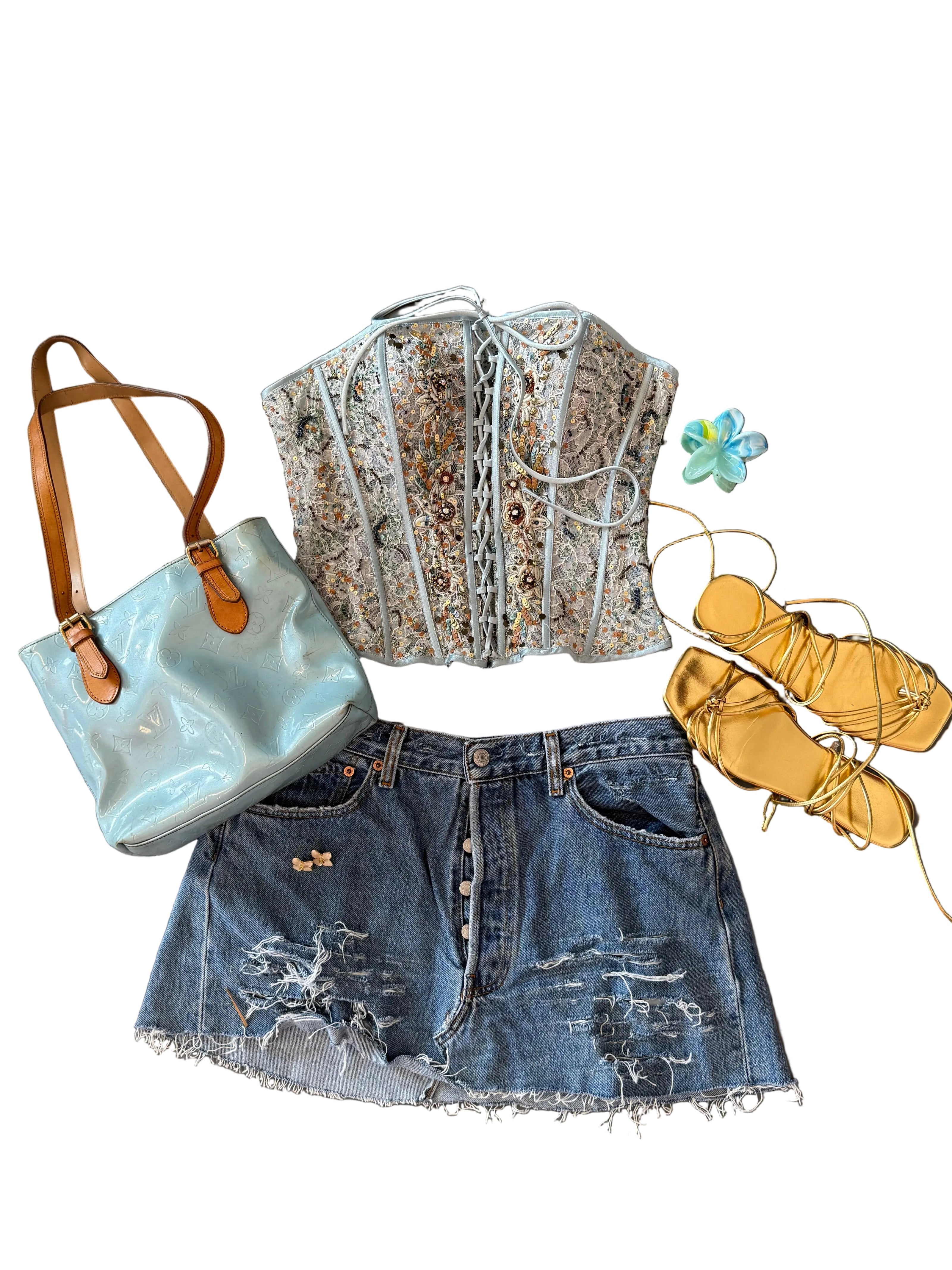 Blue Distressed Denim Skirt