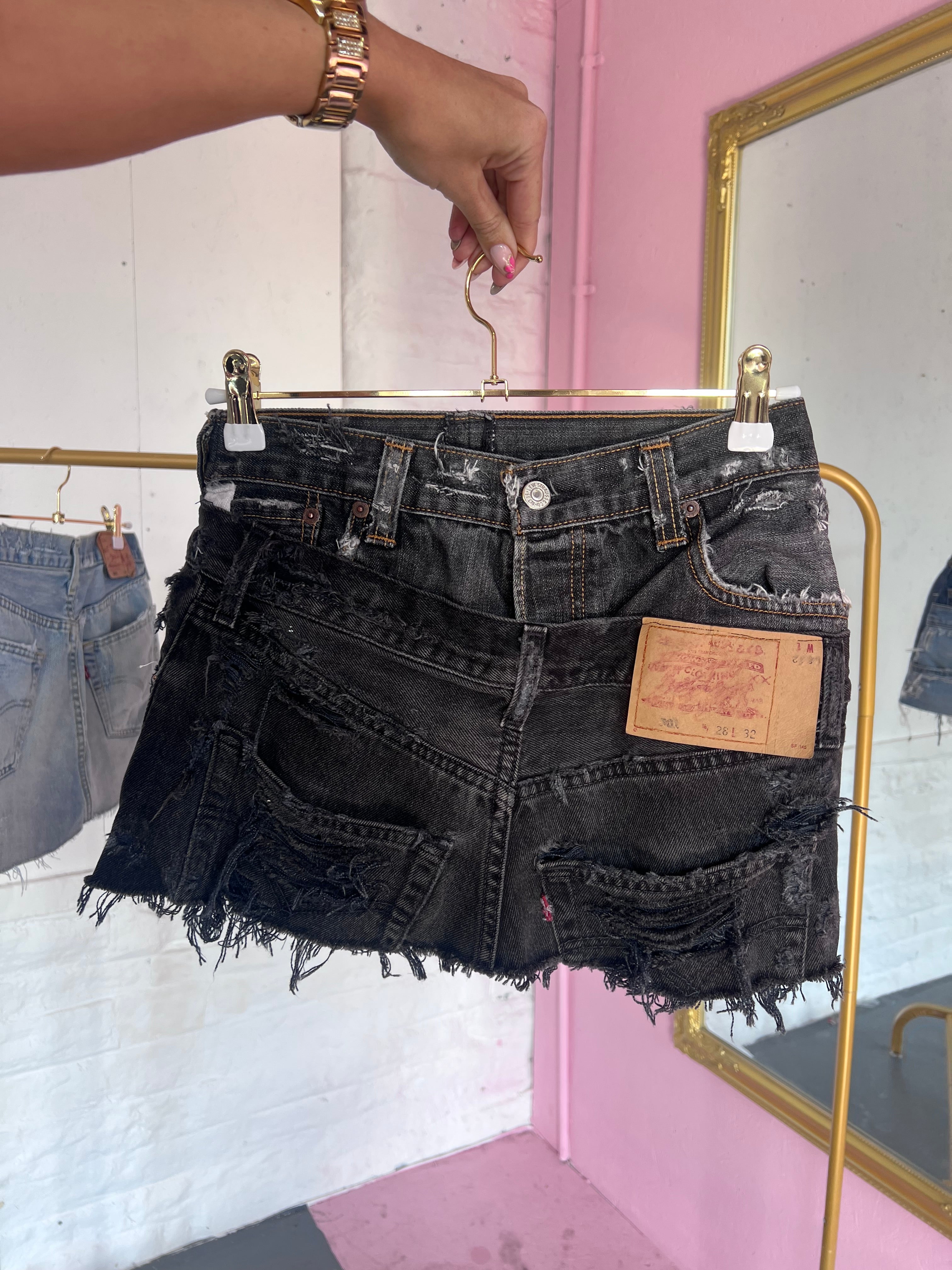 Double Black Distressed Denim Skirt