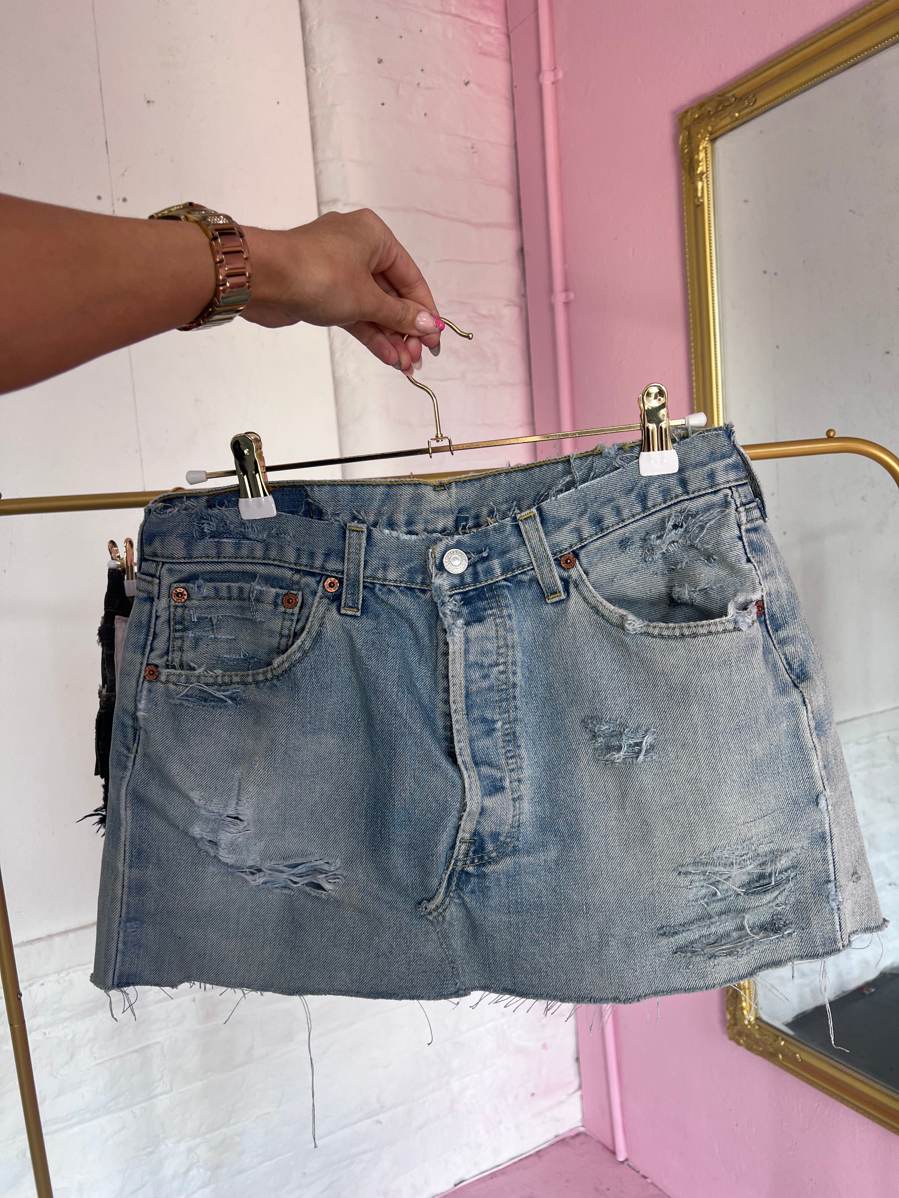 Blue Distressed Denim Skirt