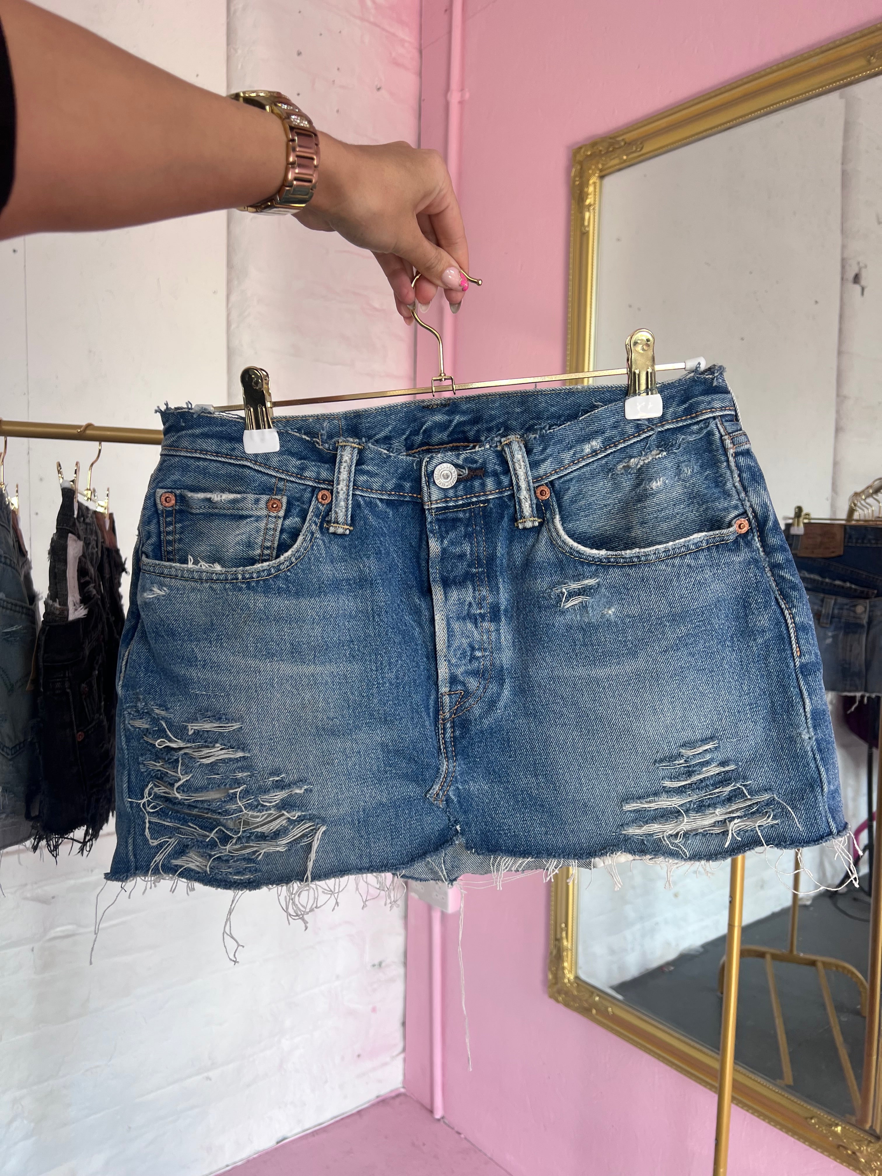Blue Distressed Denim Skirt